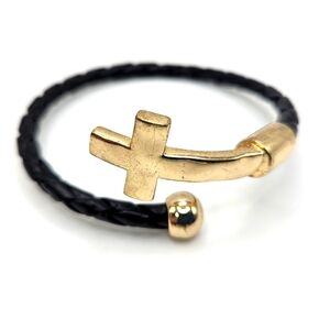 Black Braided Leather Bracelet with Gold Cross